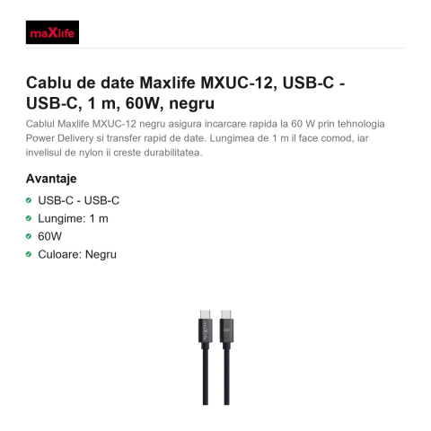 Cablu de date Maxlife MXUC-12, USB-C - USB-C, 1 m, 60W, negru [1]