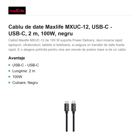 Cablu de date Maxlife MXUC-12, USB-C - USB-C, 2 m, 100W, negru [1]
