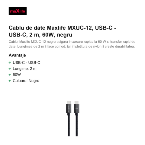 Cablu de date Maxlife MXUC-12, USB-C - USB-C, 2 m, 60W, negru [1]