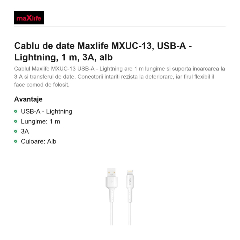 Cablu de date Maxlife MXUC-13, USB-A - Lightning, 1 m, 3A, alb [1]
