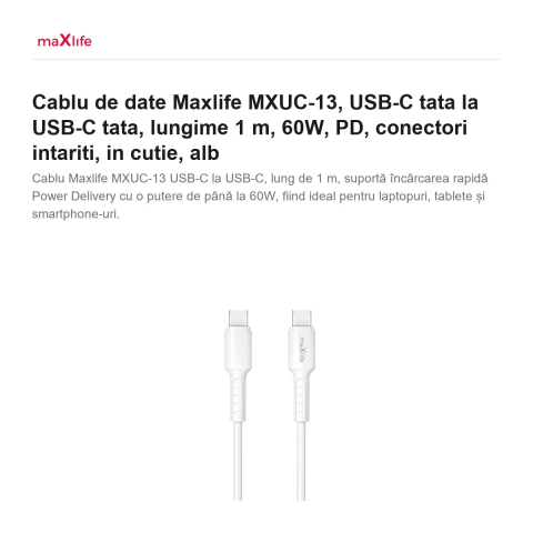 Cablu de date Maxlife MXUC-13, USB-C tata la USB-C tata, lungime 1 m, 60W, PD, conectori intariti, in cutie, alb [1]