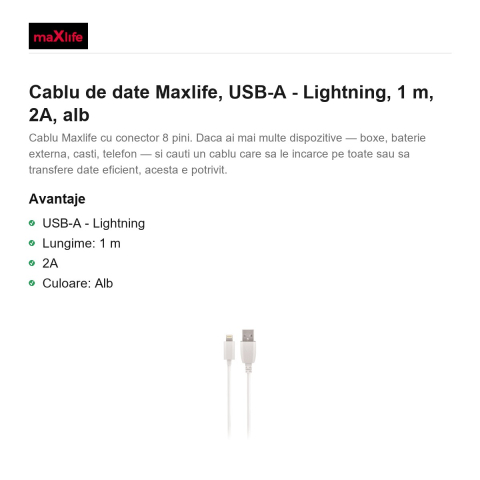 Cablu de date Maxlife, USB-A - Lightning, 1 m, 2A, alb [1]