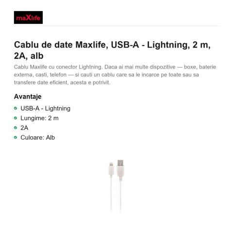 Cablu de date Maxlife, USB-A - Lightning, 2 m, 2A, alb [1]
