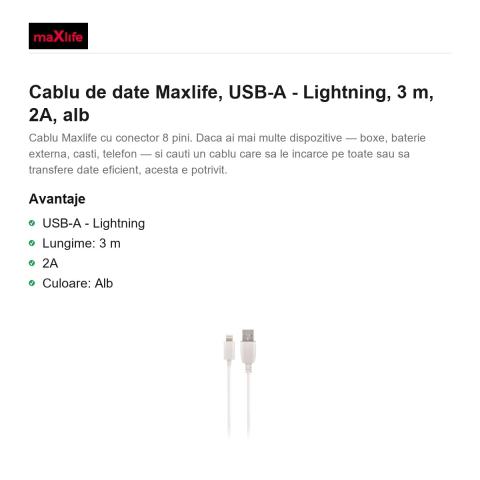 Cablu de date Maxlife, USB-A - Lightning, 3 m, 2A, alb [1]
