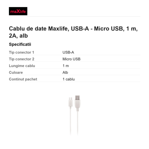 Cablu de date Maxlife, USB-A - Micro USB, 1 m, 2A, alb [2]