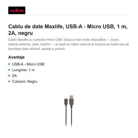 Cablu de date Maxlife, USB-A - Micro USB, 1 m, 2A, negru [1]