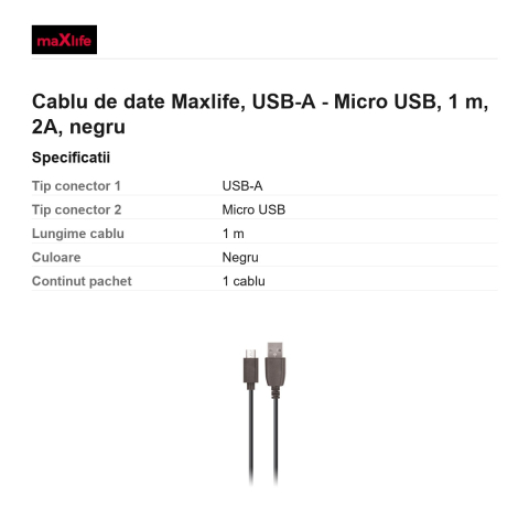 Cablu de date Maxlife, USB-A - Micro USB, 1 m, 2A, negru [2]