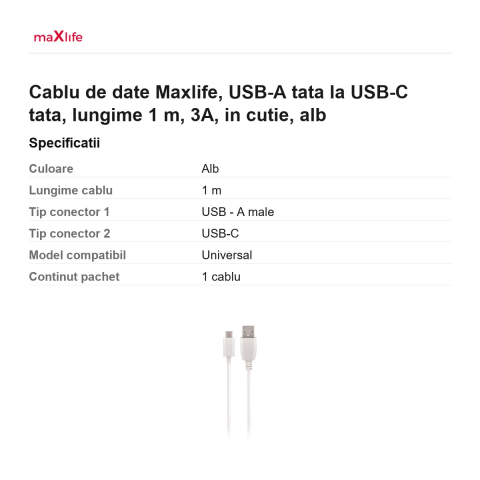 Cablu de date Maxlife, USB-A tata la USB-C tata, lungime 1 m, 3A, in cutie, alb [2]