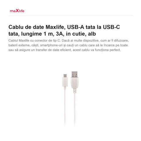 Cablu de date Maxlife, USB-A tata la USB-C tata, lungime 1 m, 3A, in cutie, alb [1]