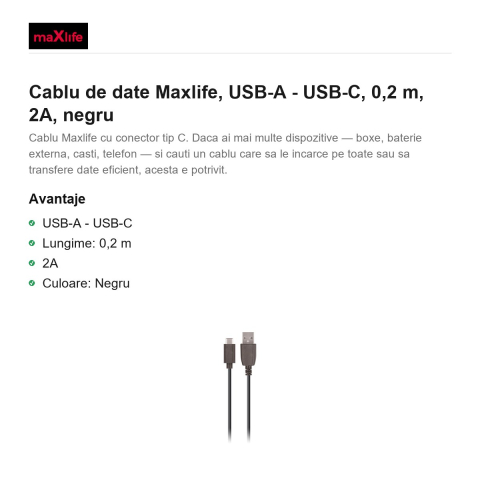 Cablu de date Maxlife, USB-A - USB-C, 0,2 m, 2A, negru [1]