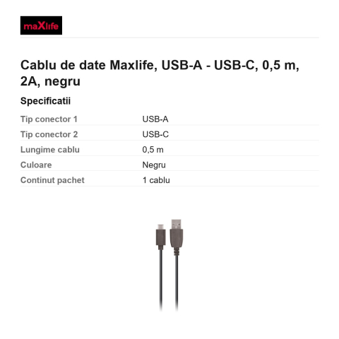 Cablu de date Maxlife, USB-A - USB-C, 0,5 m, 2A, negru [2]