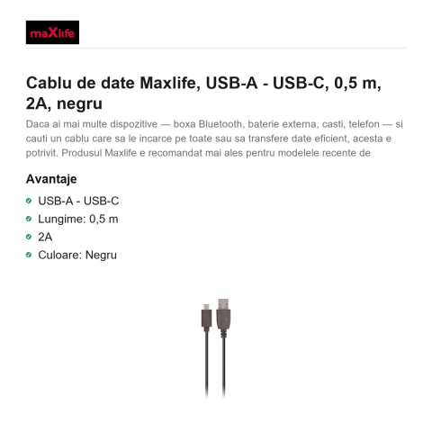 Cablu de date Maxlife, USB-A - USB-C, 0,5 m, 2A, negru [1]