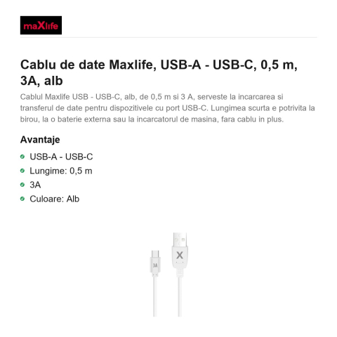 Cablu de date Maxlife, USB-A - USB-C, 0,5 m, 3A, alb [1]