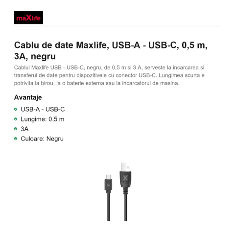 Cablu de date Maxlife, USB-A - USB-C, 0,5 m, 3A, negru [1]