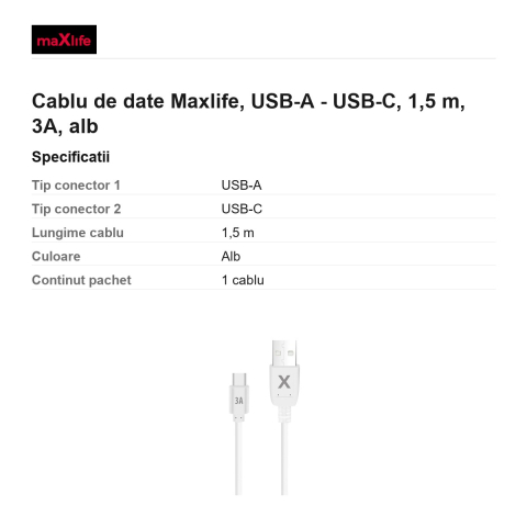 Cablu de date Maxlife, USB-A - USB-C, 1,5 m, 3A, alb [2]
