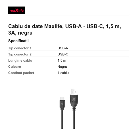 Cablu de date Maxlife, USB-A - USB-C, 1,5 m, 3A, negru [2]
