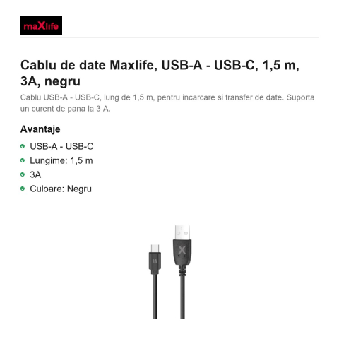 Cablu de date Maxlife, USB-A - USB-C, 1,5 m, 3A, negru [1]