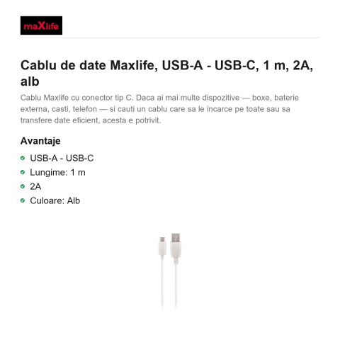 Cablu de date Maxlife, USB-A - USB-C, 1 m, 2A, alb [1]