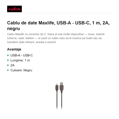 Cablu de date Maxlife, USB-A - USB-C, 1 m, 2A, negru [1]