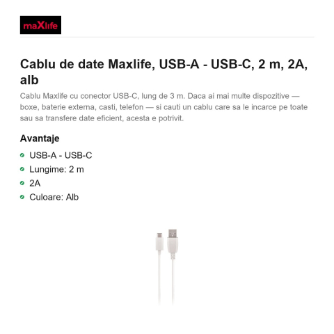 Cablu de date Maxlife, USB-A - USB-C, 2 m, 2A, alb [1]