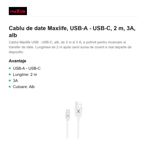 Cablu de date Maxlife, USB-A - USB-C, 2 m, 3A, alb [1]