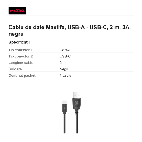 Cablu de date Maxlife, USB-A - USB-C, 2 m, 3A, negru [2]