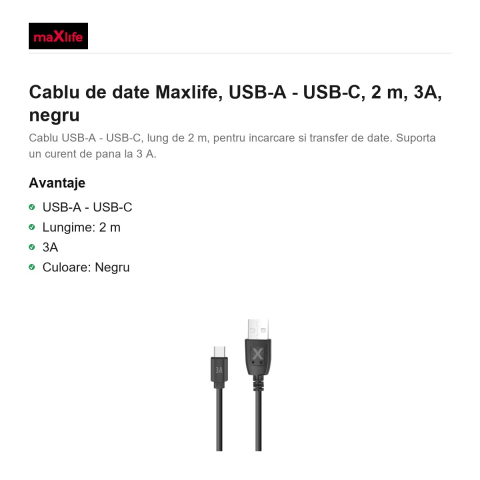 Cablu de date Maxlife, USB-A - USB-C, 2 m, 3A, negru [1]