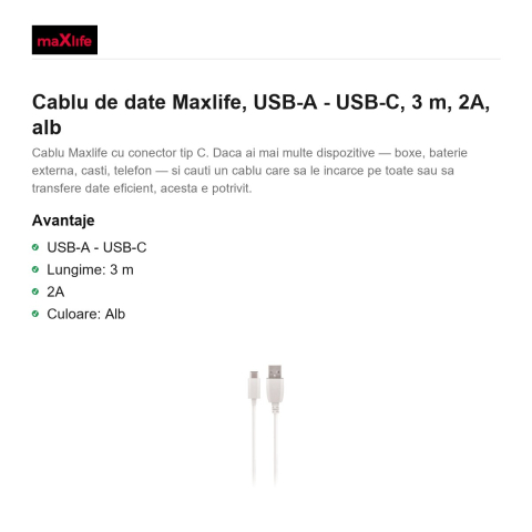 Cablu de date Maxlife, USB-A - USB-C, 3 m, 2A, alb [1]
