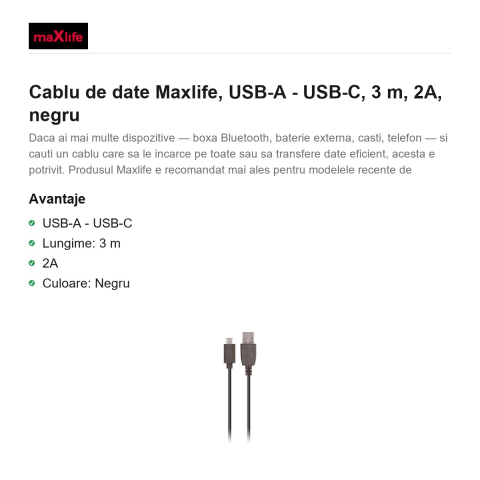 Cablu de date Maxlife, USB-A - USB-C, 3 m, 2A, negru [1]