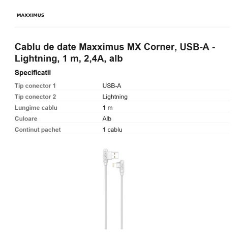 Cablu de date Maxximus MX Corner, USB-A - Lightning, 1 m, 2,4A, alb [2]
