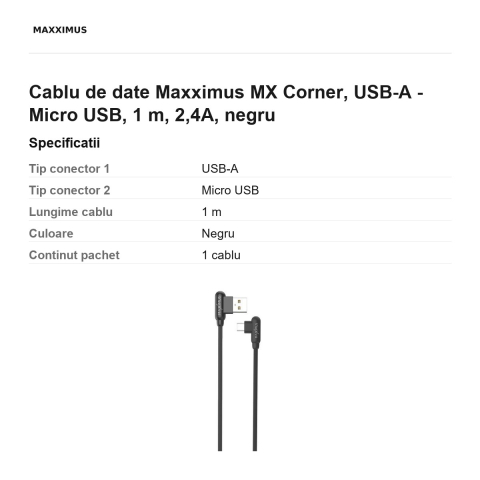 Cablu de date Maxximus MX Corner, USB-A - Micro USB, 1 m, 2,4A, negru [2]
