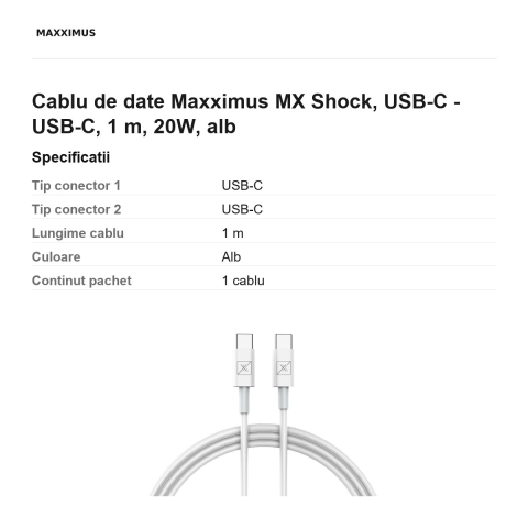 Cablu de date Maxximus MX Shock, USB-C - USB-C, 1 m, 20W, alb [2]