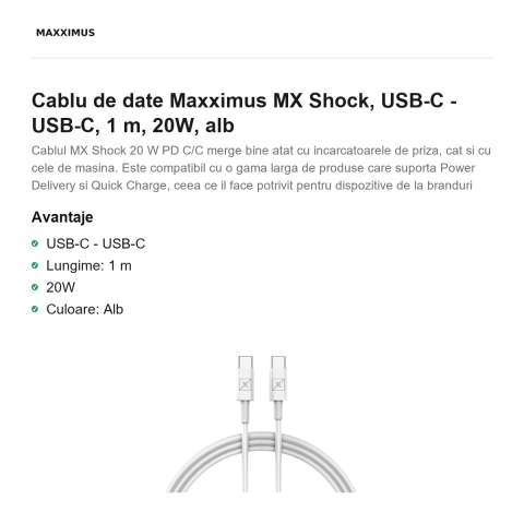 Cablu de date Maxximus MX Shock, USB-C - USB-C, 1 m, 20W, alb [1]
