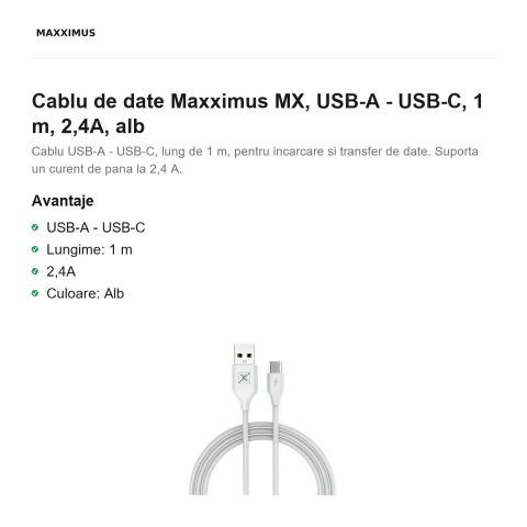 Cablu de date Maxximus MX, USB-A - USB-C, 1 m, 2,4A, alb [1]