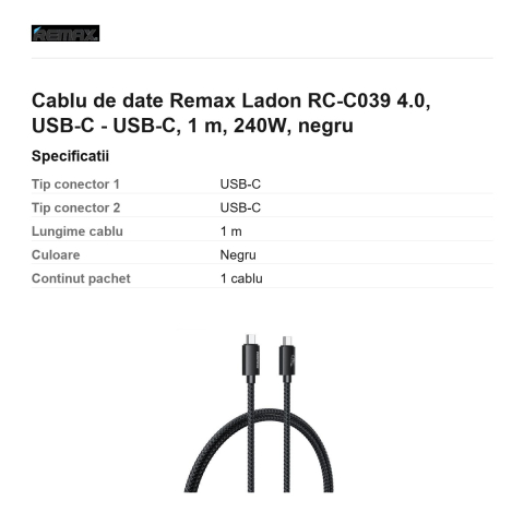 Cablu de date Remax Ladon RC-C039 4.0, USB-C - USB-C, 1 m, 240W, negru [2]