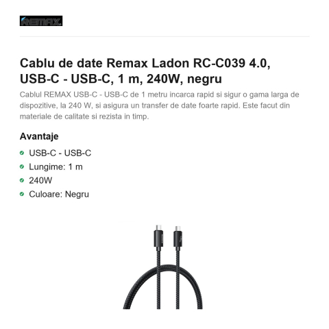 Cablu de date Remax Ladon RC-C039 4.0, USB-C - USB-C, 1 m, 240W, negru [1]
