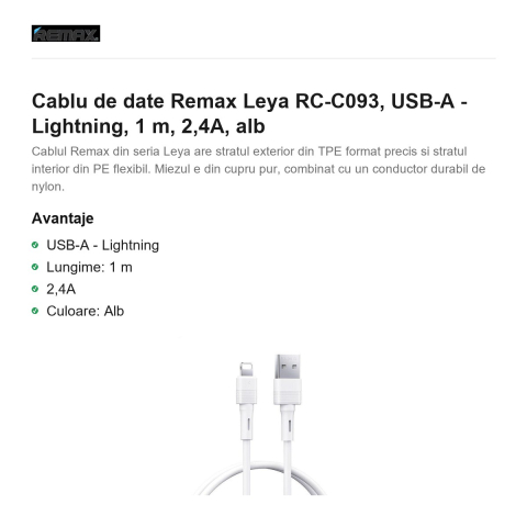 Cablu de date Remax Leya RC-C093, USB-A - Lightning, 1 m, 2,4A, alb [1]