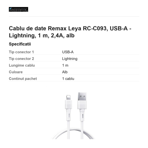 Cablu de date Remax Leya RC-C093, USB-A - Lightning, 1 m, 2,4A, alb [2]