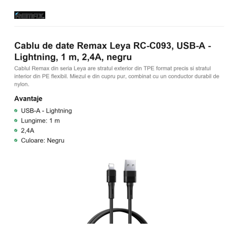 Cablu de date Remax Leya RC-C093, USB-A - Lightning, 1 m, 2,4A, negru [1]