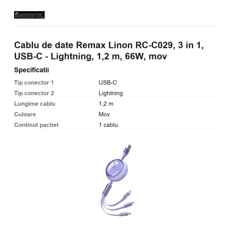 Cablu de date Remax Linon RC-C029, 3 in 1, USB-C - Lightning, 1,2 m, 66W, mov [2]
