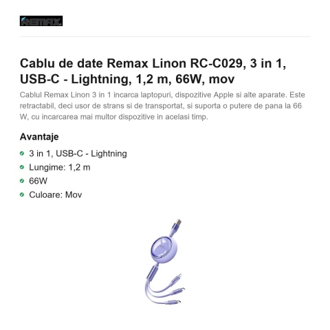 Cablu de date Remax Linon RC-C029, 3 in 1, USB-C - Lightning, 1,2 m, 66W, mov [1]