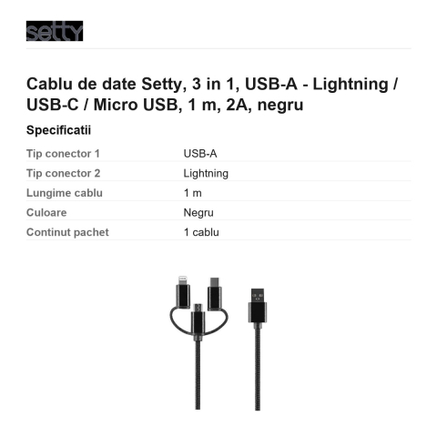 Cablu de date Setty, 3 in 1, USB-A - Lightning / USB-C / Micro USB, 1 m, 2A, negru [2]