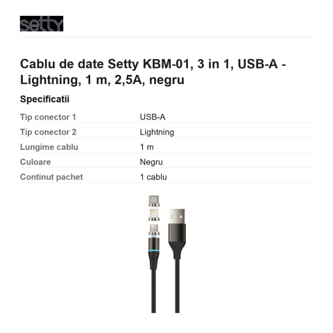 Cablu de date Setty KBM-01, 3 in 1, USB-A - Lightning, 1 m, 2,5A, negru [2]