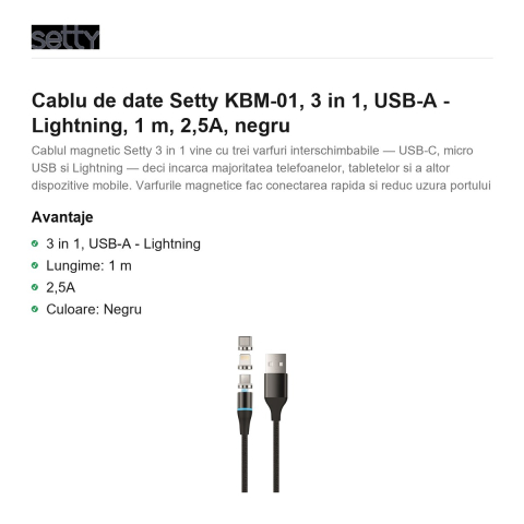 Cablu de date Setty KBM-01, 3 in 1, USB-A - Lightning, 1 m, 2,5A, negru [1]