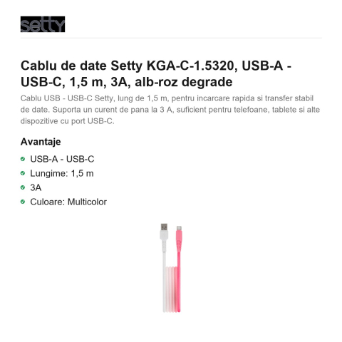 Cablu de date Setty KGA-C-1.5320, USB-A - USB-C, 1,5 m, 3A, alb-roz degrade [1]