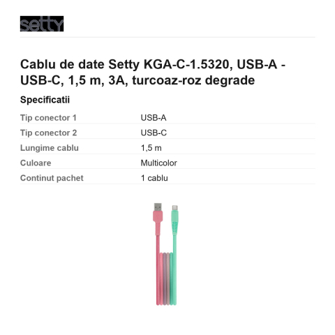 Cablu de date Setty KGA-C-1.5320, USB-A - USB-C, 1,5 m, 3A, turcoaz-roz degrade [2]
