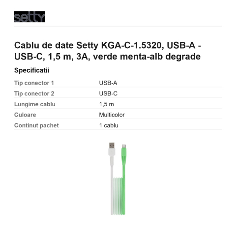 Cablu de date Setty KGA-C-1.5320, USB-A - USB-C, 1,5 m, 3A, verde menta-alb degrade [2]