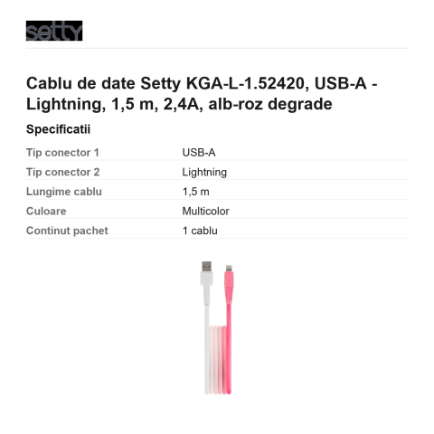 Cablu de date Setty KGA-L-1.52420, USB-A - Lightning, 1,5 m, 2,4A, alb-roz degrade [2]