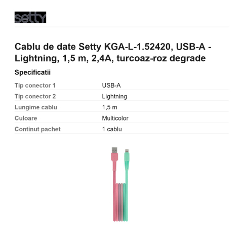 Cablu de date Setty KGA-L-1.52420, USB-A - Lightning, 1,5 m, 2,4A, turcoaz-roz degrade [2]