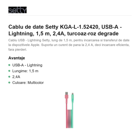 Cablu de date Setty KGA-L-1.52420, USB-A - Lightning, 1,5 m, 2,4A, turcoaz-roz degrade [1]